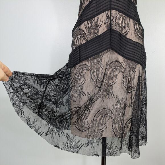 Bcbg Lace Silk Midi Dress 10 Black Tan Y2K Silk Babydoll Illusion Guest Cocktail - Picture 2 of 14
